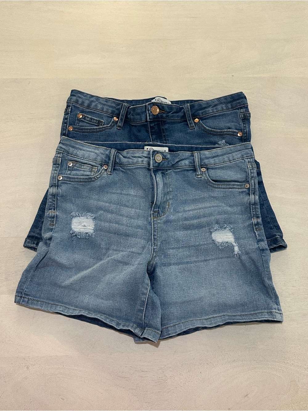 Revery. Girls' Distressed Denim Shorts — Light and Dark Blue (2-Pack)
